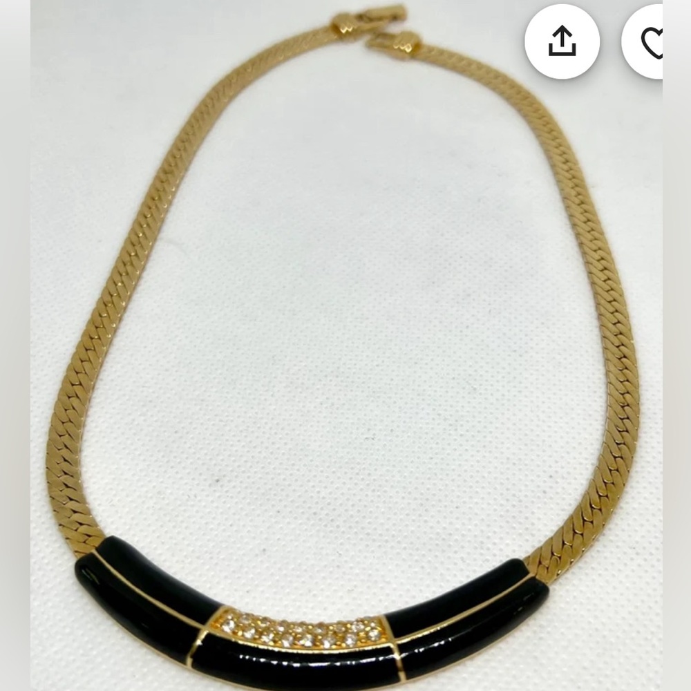 Vtg. Swarovski Gold Tone Herringbone Chain Crystal/Enamel Choker Necklace 16”